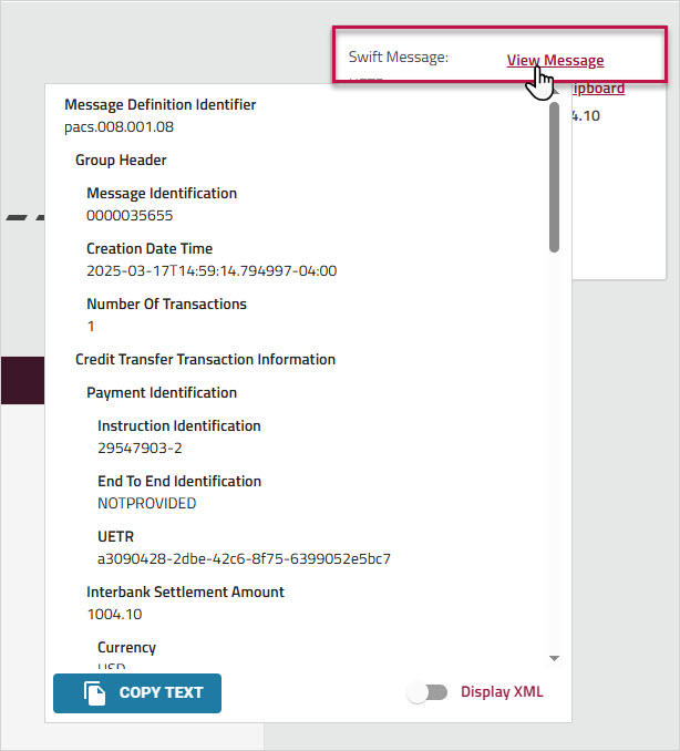 View Swift MX Message from Payment Summary box